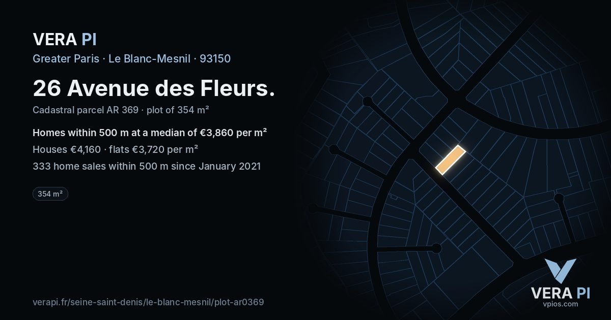 26 Avenue des Fleurs, Le Blanc-Mesnil at night – the plot lit, the parcels around coloured by the prices near them