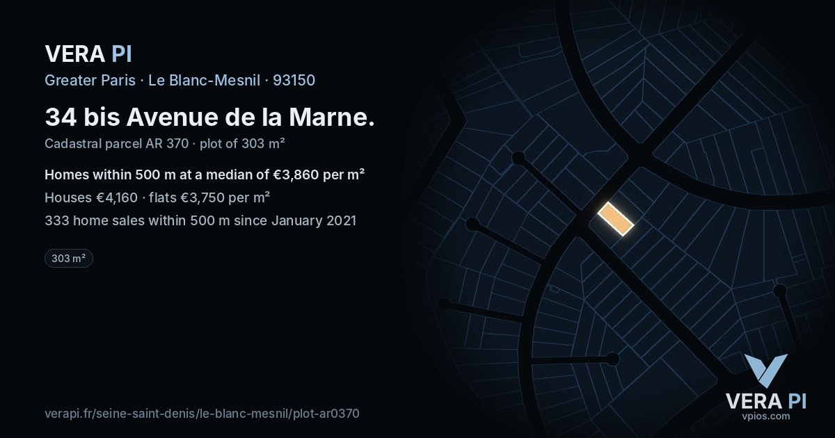 34 bis Avenue de la Marne, Le Blanc-Mesnil at night – the plot lit, the parcels around coloured by the prices near them