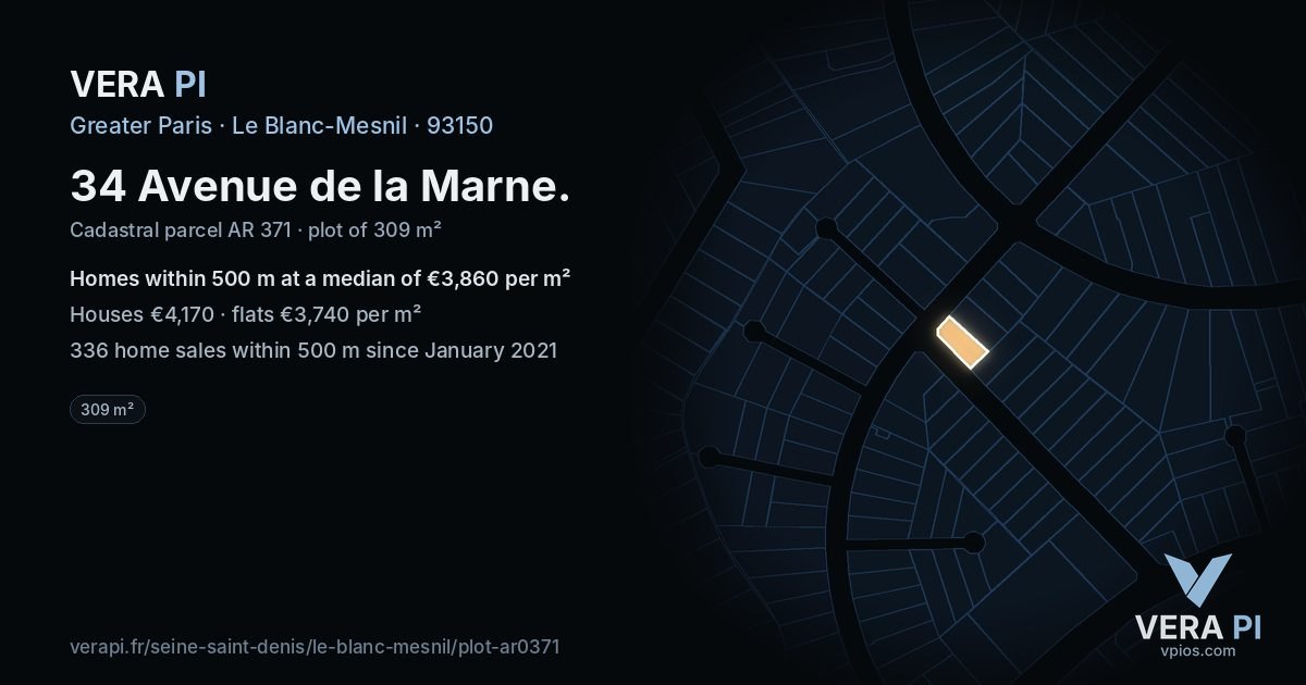 34 Avenue de la Marne, Le Blanc-Mesnil at night – the plot lit, the parcels around coloured by the prices near them