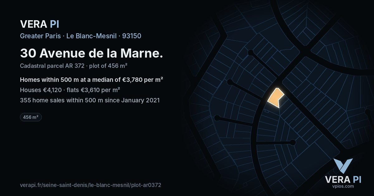 30 Avenue de la Marne, Le Blanc-Mesnil at night – the plot lit, the parcels around coloured by the prices near them