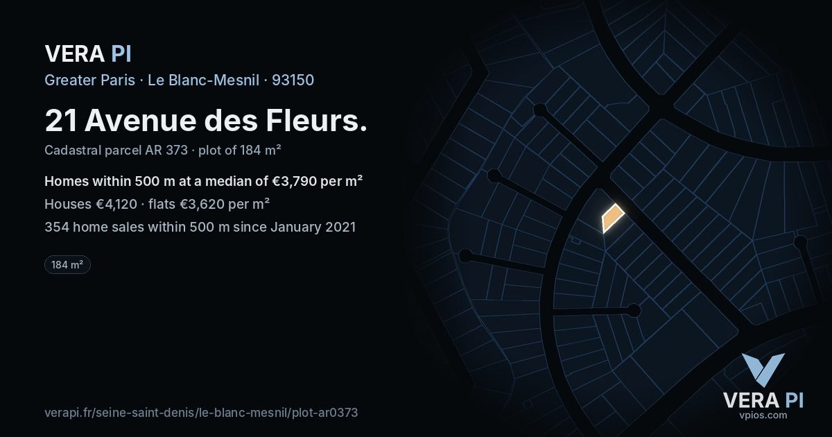 21 Avenue des Fleurs, Le Blanc-Mesnil at night – the plot lit, the parcels around coloured by the prices near them