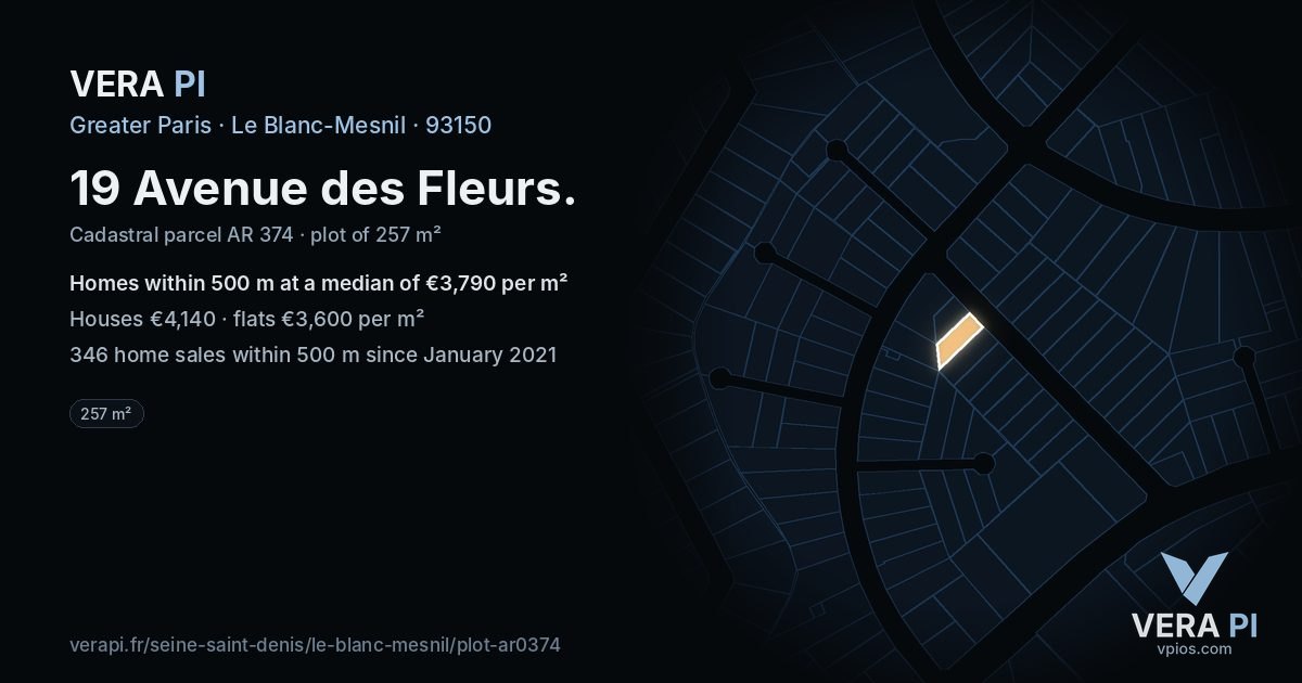 19 Avenue des Fleurs, Le Blanc-Mesnil at night – the plot lit, the parcels around coloured by the prices near them
