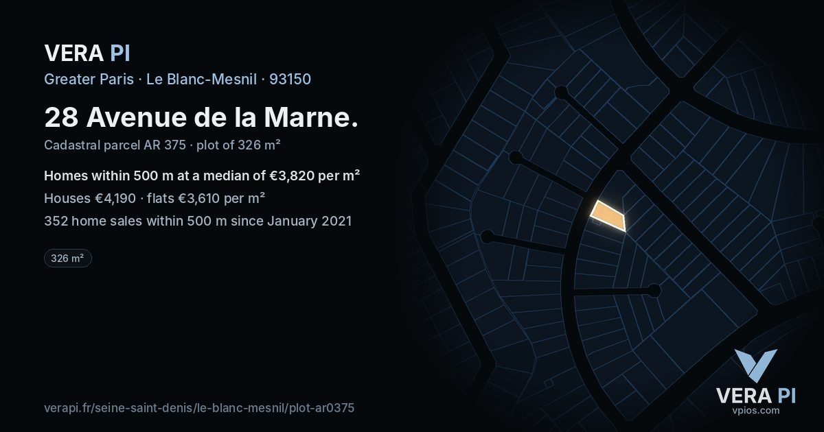28 Avenue de la Marne, Le Blanc-Mesnil at night – the plot lit, the parcels around coloured by the prices near them