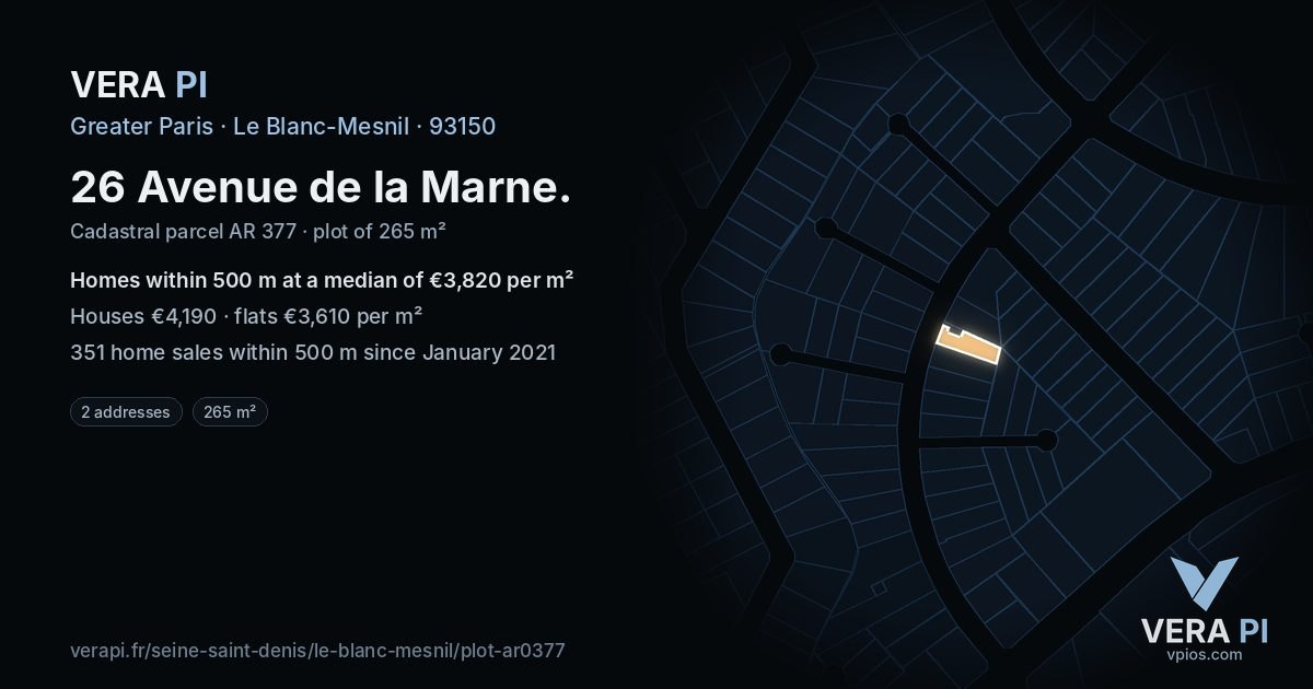26 Avenue de la Marne, Le Blanc-Mesnil at night – the plot lit, the parcels around coloured by the prices near them