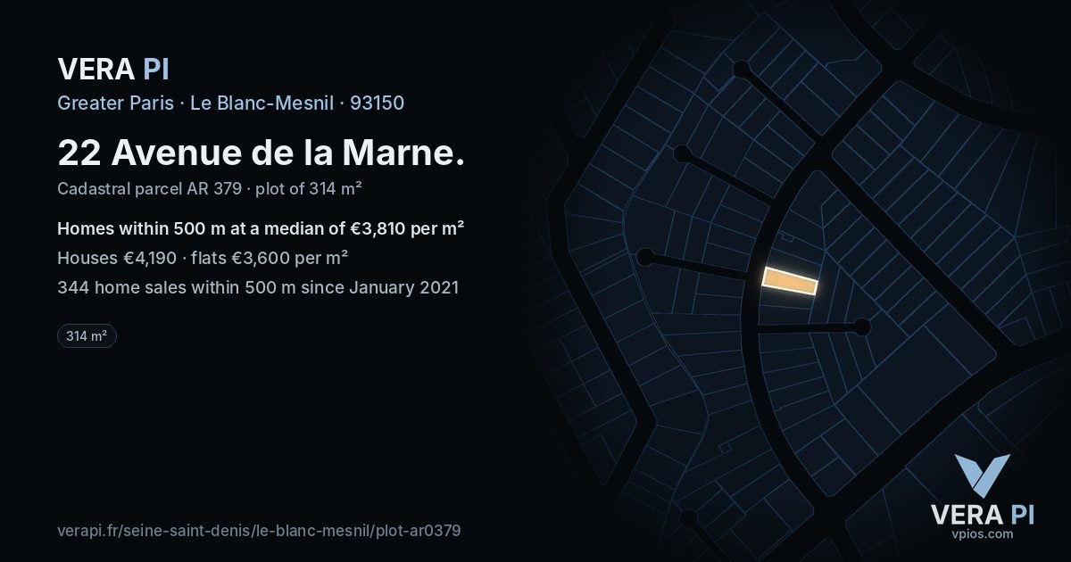 22 Avenue de la Marne, Le Blanc-Mesnil at night – the plot lit, the parcels around coloured by the prices near them