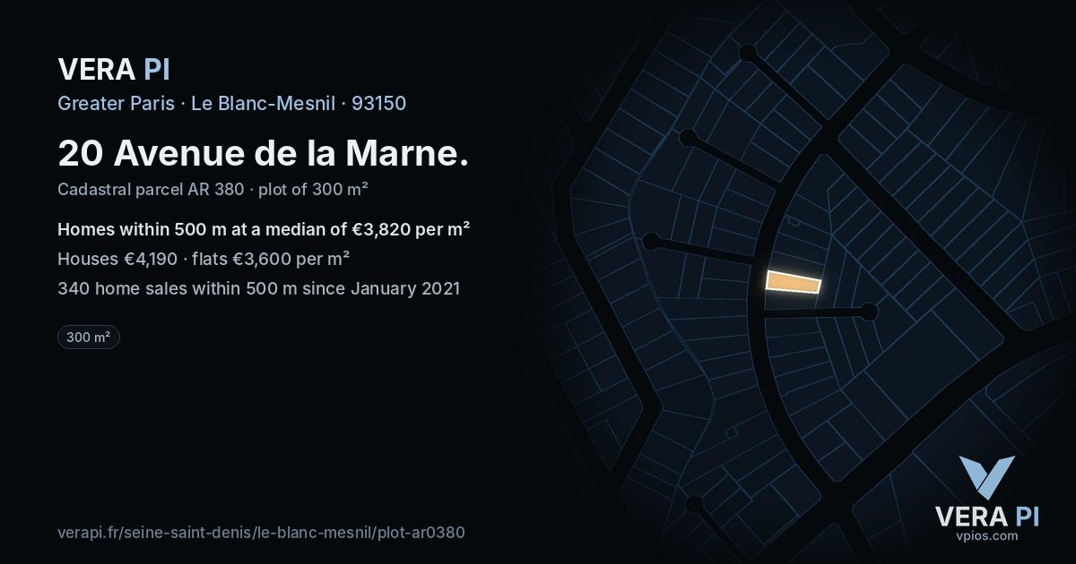 20 Avenue de la Marne, Le Blanc-Mesnil at night – the plot lit, the parcels around coloured by the prices near them