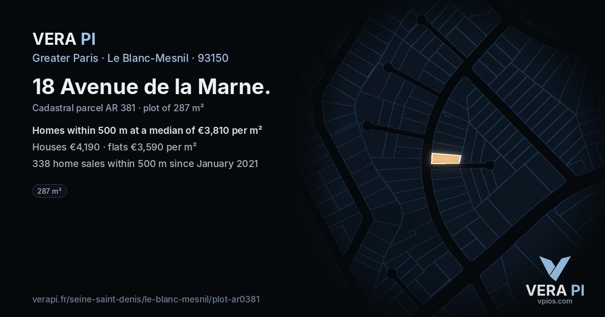 18 Avenue de la Marne, Le Blanc-Mesnil at night – the plot lit, the parcels around coloured by the prices near them