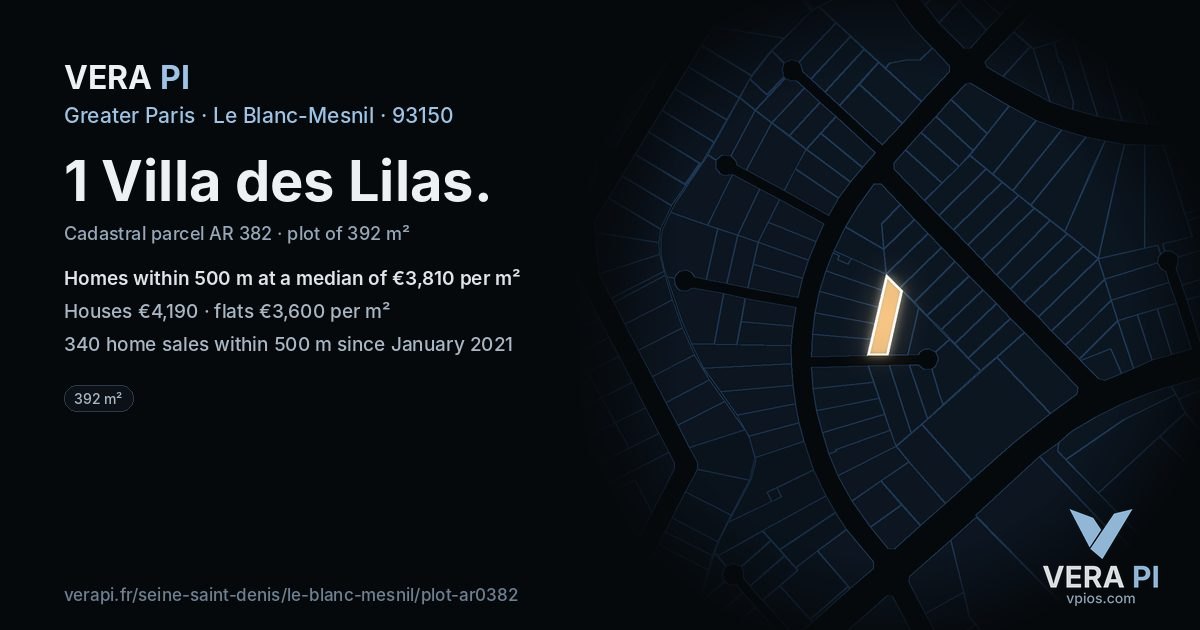 1 Villa des Lilas, Le Blanc-Mesnil at night – the plot lit, the parcels around coloured by the prices near them