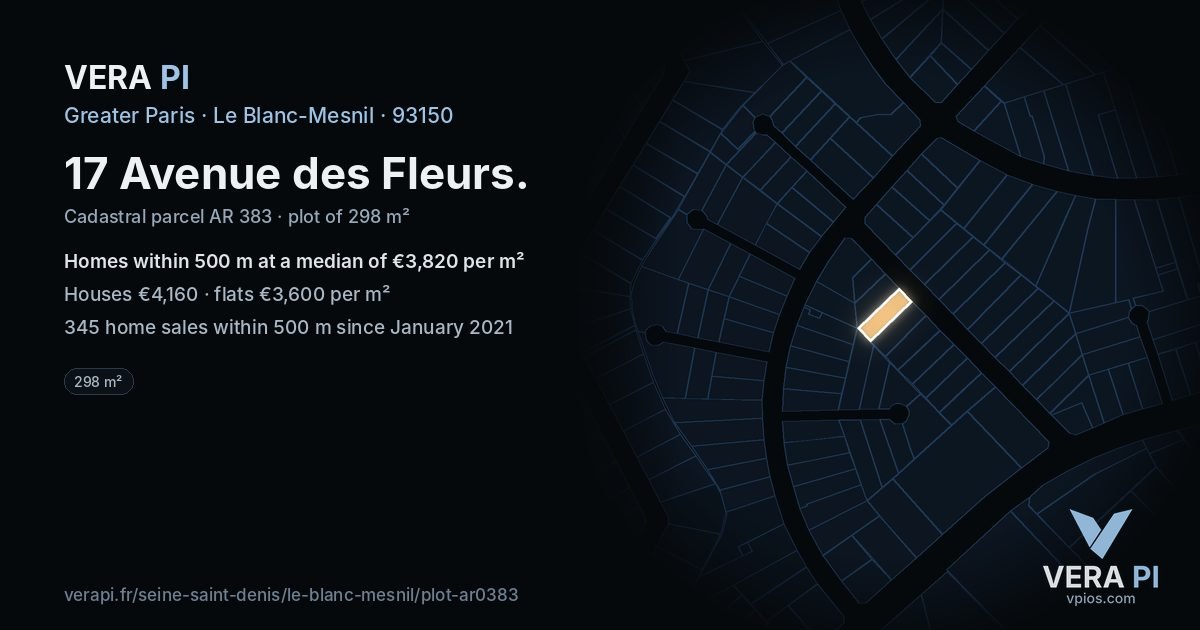 17 Avenue des Fleurs, Le Blanc-Mesnil at night – the plot lit, the parcels around coloured by the prices near them