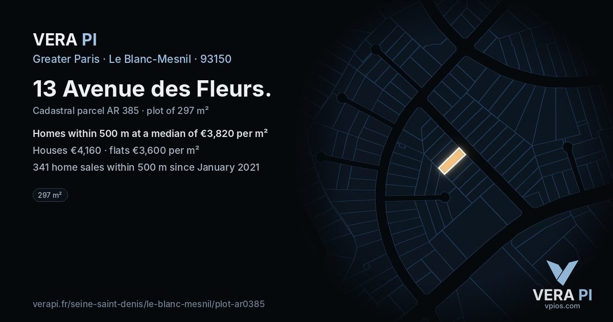 13 Avenue des Fleurs, Le Blanc-Mesnil at night – the plot lit, the parcels around coloured by the prices near them