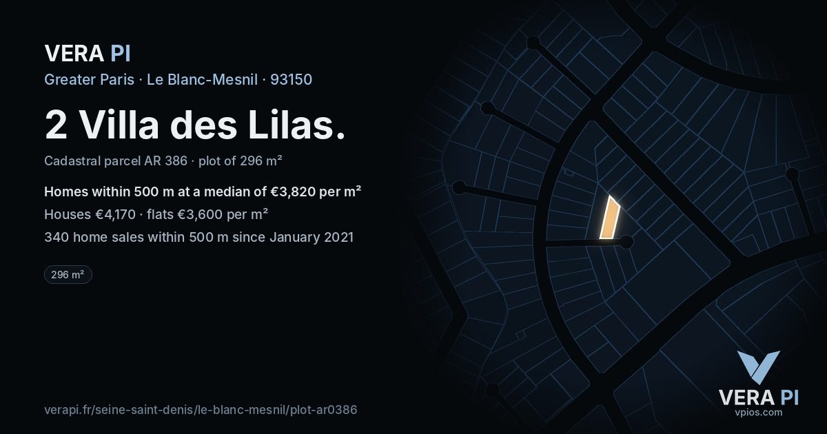 2 Villa des Lilas, Le Blanc-Mesnil at night – the plot lit, the parcels around coloured by the prices near them