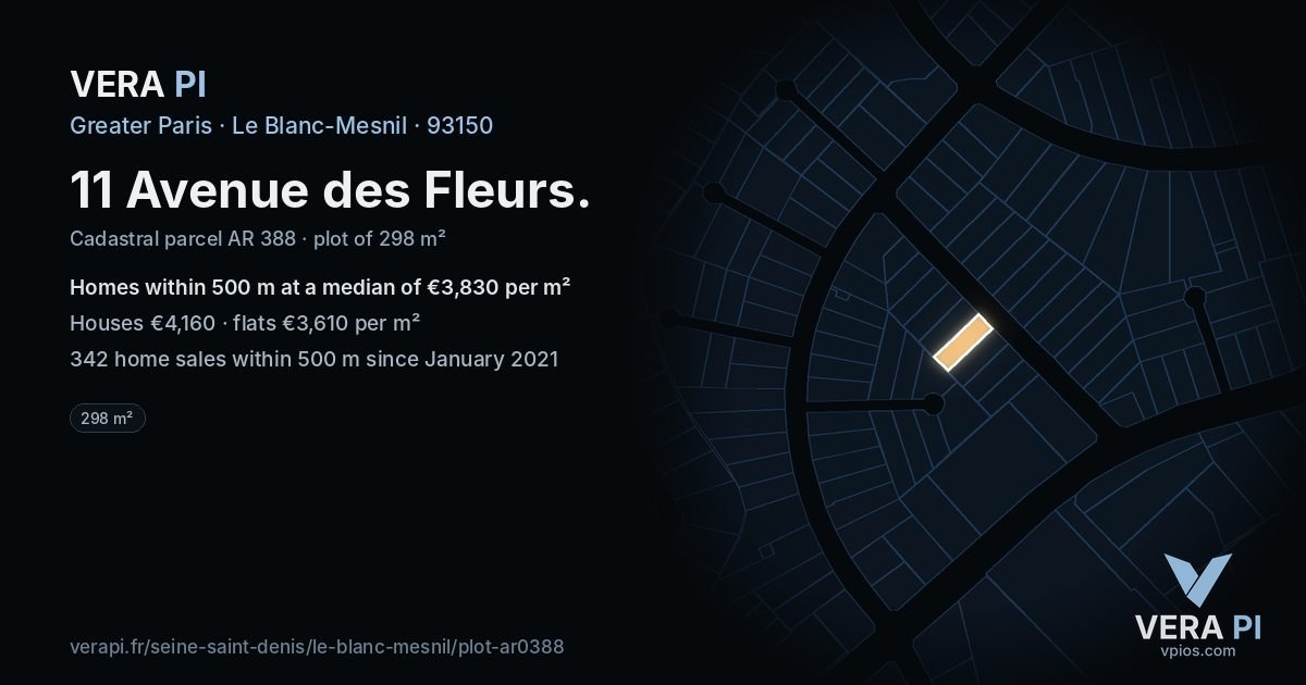 11 Avenue des Fleurs, Le Blanc-Mesnil at night – the plot lit, the parcels around coloured by the prices near them