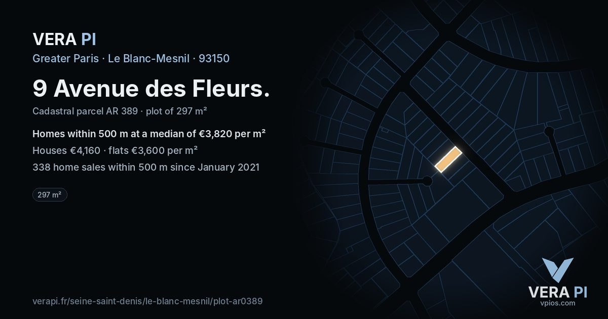 9 Avenue des Fleurs, Le Blanc-Mesnil at night – the plot lit, the parcels around coloured by the prices near them