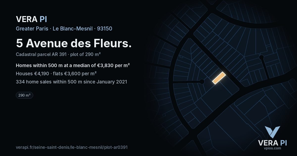 5 Avenue des Fleurs, Le Blanc-Mesnil at night – the plot lit, the parcels around coloured by the prices near them