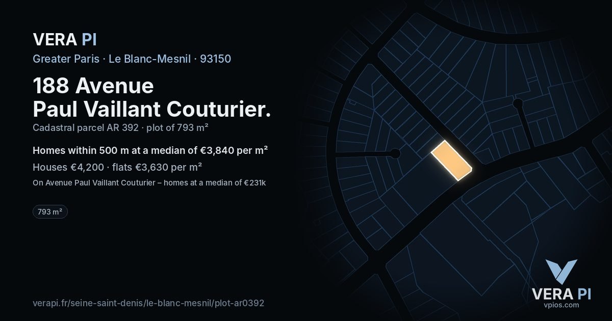 188 Avenue Paul Vaillant Couturier, Le Blanc-Mesnil at night – the plot lit, the parcels around coloured by the prices near them
