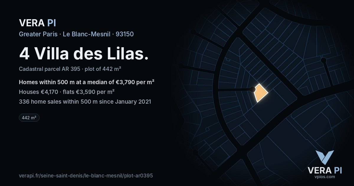 4 Villa des Lilas, Le Blanc-Mesnil at night – the plot lit, the parcels around coloured by the prices near them