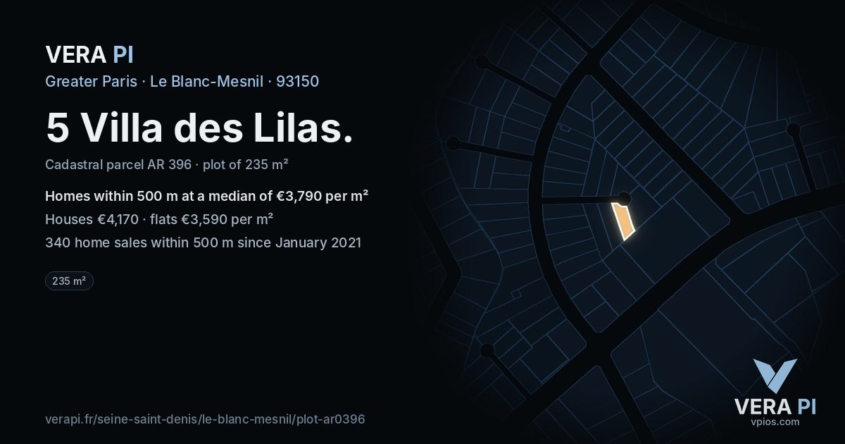 5 Villa des Lilas, Le Blanc-Mesnil at night – the plot lit, the parcels around coloured by the prices near them