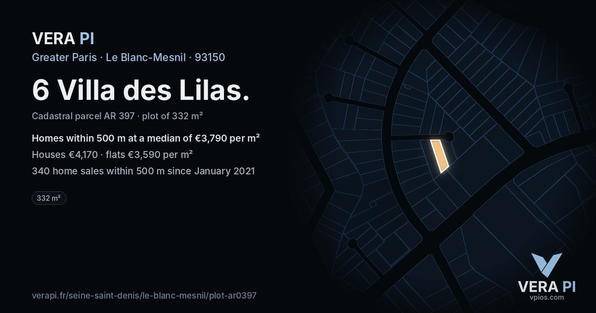 6 Villa des Lilas, Le Blanc-Mesnil at night – the plot lit, the parcels around coloured by the prices near them