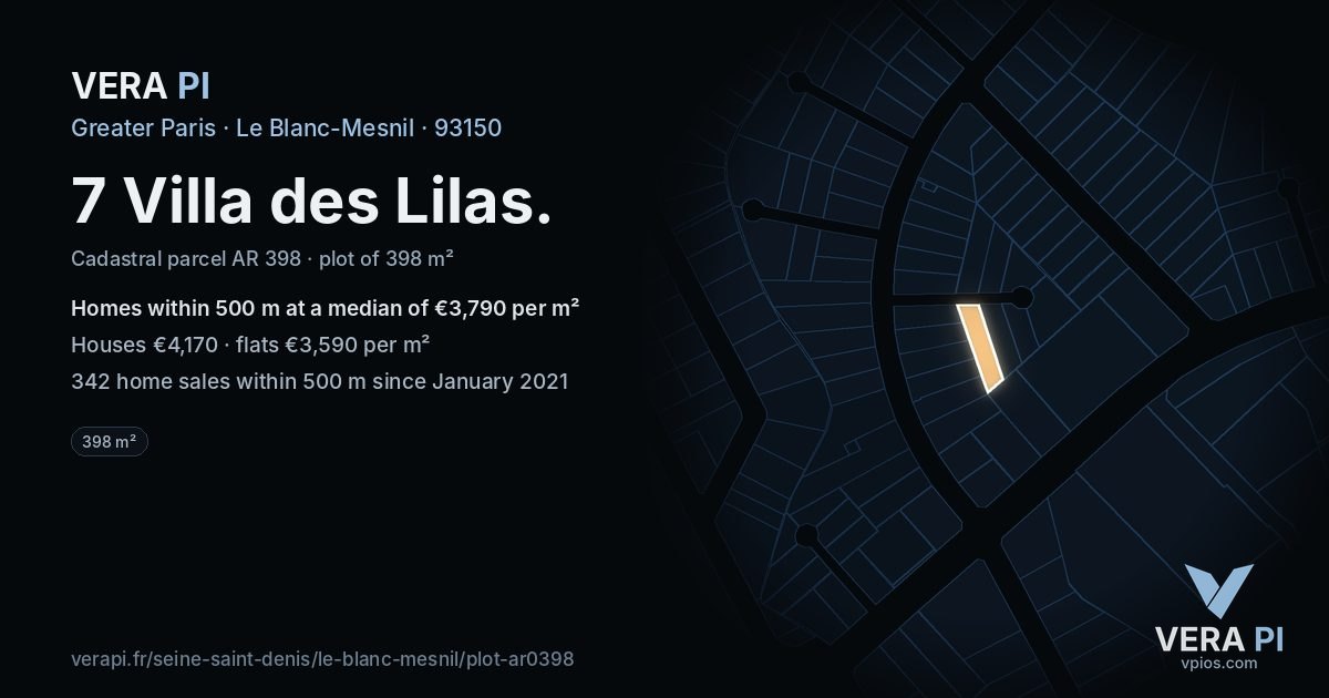 7 Villa des Lilas, Le Blanc-Mesnil at night – the plot lit, the parcels around coloured by the prices near them