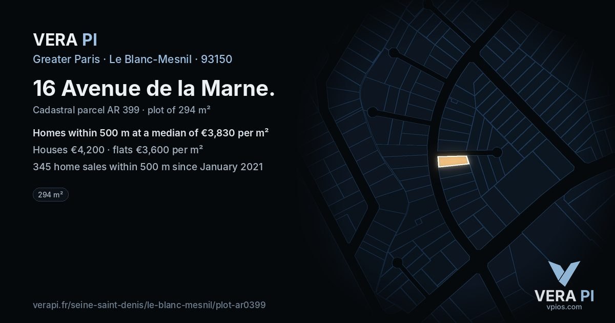 16 Avenue de la Marne, Le Blanc-Mesnil at night – the plot lit, the parcels around coloured by the prices near them