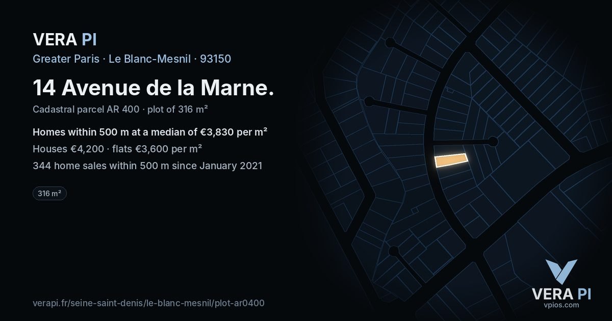 14 Avenue de la Marne, Le Blanc-Mesnil at night – the plot lit, the parcels around coloured by the prices near them