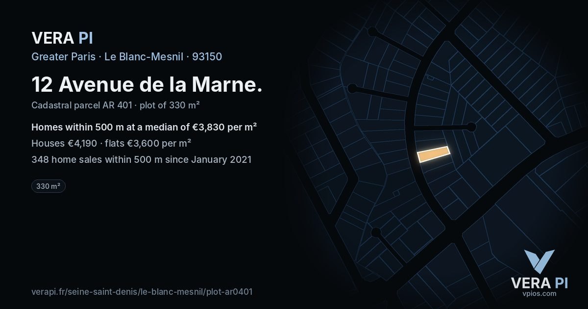12 Avenue de la Marne, Le Blanc-Mesnil at night – the plot lit, the parcels around coloured by the prices near them