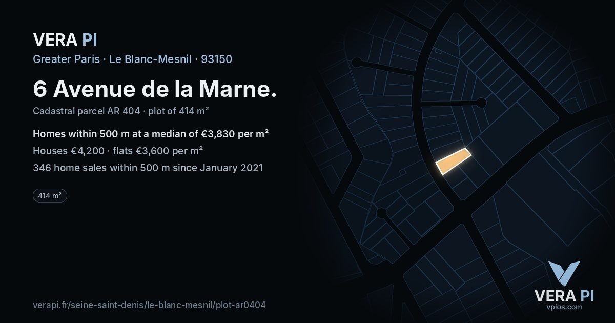 6 Avenue de la Marne, Le Blanc-Mesnil at night – the plot lit, the parcels around coloured by the prices near them