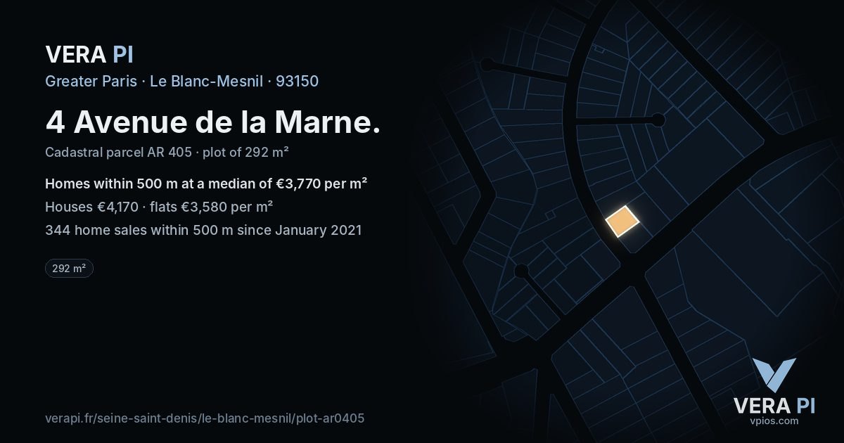 4 Avenue de la Marne, Le Blanc-Mesnil at night – the plot lit, the parcels around coloured by the prices near them
