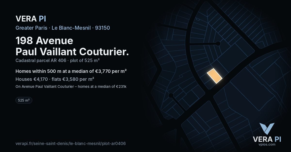 198 Avenue Paul Vaillant Couturier, Le Blanc-Mesnil at night – the plot lit, the parcels around coloured by the prices near them