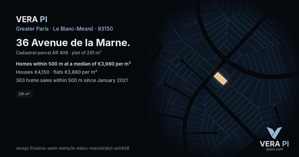 36 Avenue de la Marne, Le Blanc-Mesnil at night – the plot lit, the parcels around coloured by the prices near them
