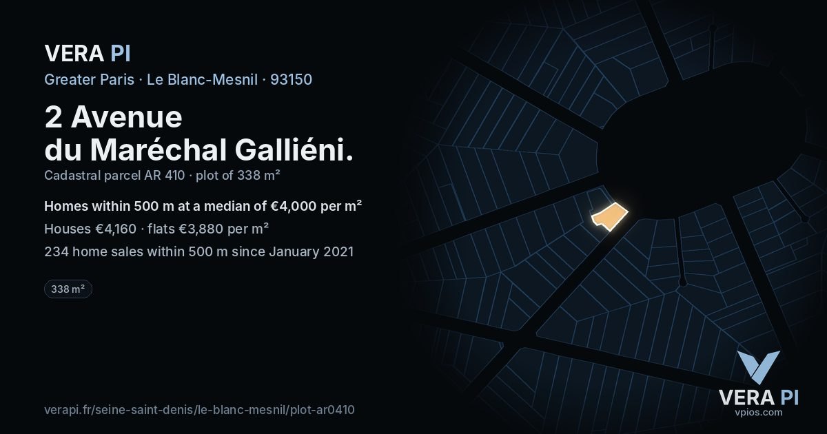 2 Avenue du Maréchal Galliéni, Le Blanc-Mesnil at night – the plot lit, the parcels around coloured by the prices near them