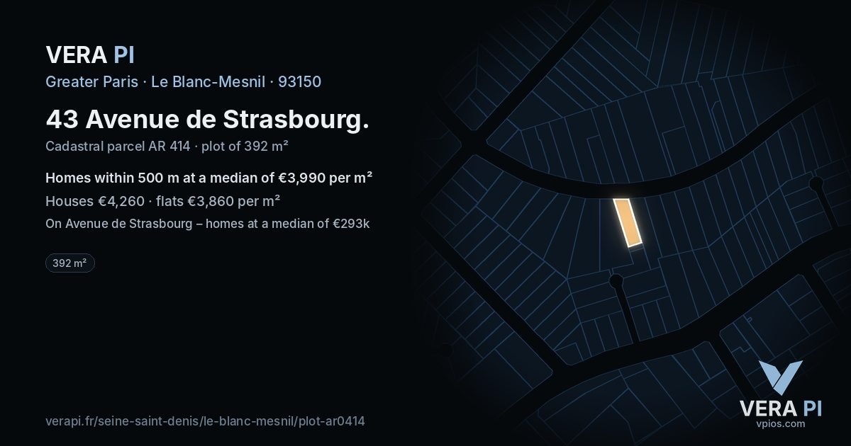 43 Avenue de Strasbourg, Le Blanc-Mesnil at night – the plot lit, the parcels around coloured by the prices near them