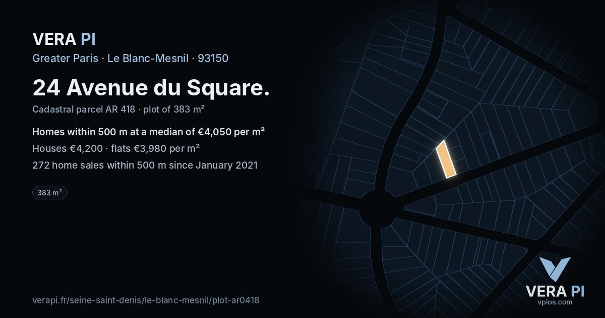 24 Avenue du Square, Le Blanc-Mesnil at night – the plot lit, the parcels around coloured by the prices near them
