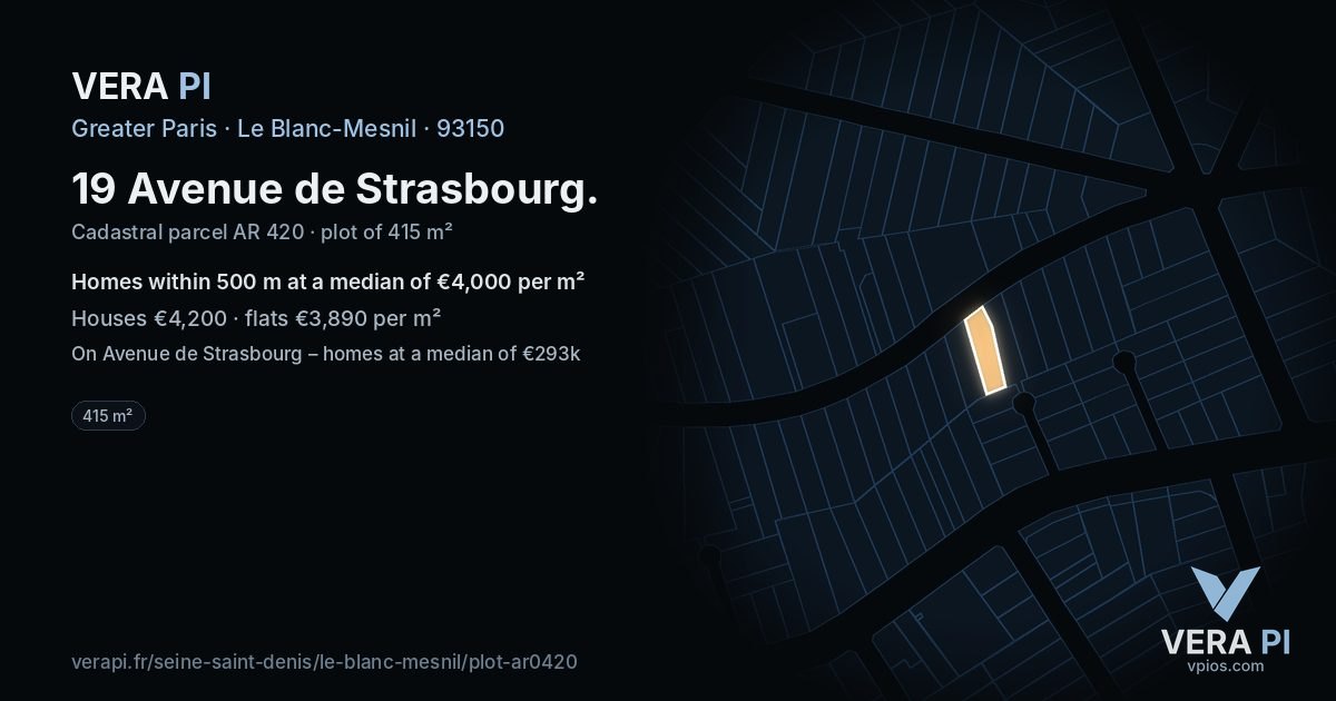 19 Avenue de Strasbourg, Le Blanc-Mesnil at night – the plot lit, the parcels around coloured by the prices near them