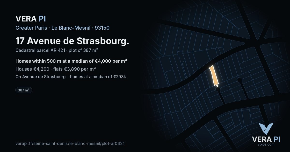17 Avenue de Strasbourg, Le Blanc-Mesnil at night – the plot lit, the parcels around coloured by the prices near them