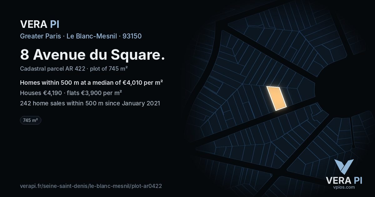 8 Avenue du Square, Le Blanc-Mesnil at night – the plot lit, the parcels around coloured by the prices near them