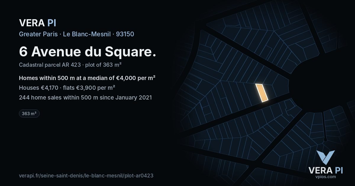 6 Avenue du Square, Le Blanc-Mesnil at night – the plot lit, the parcels around coloured by the prices near them