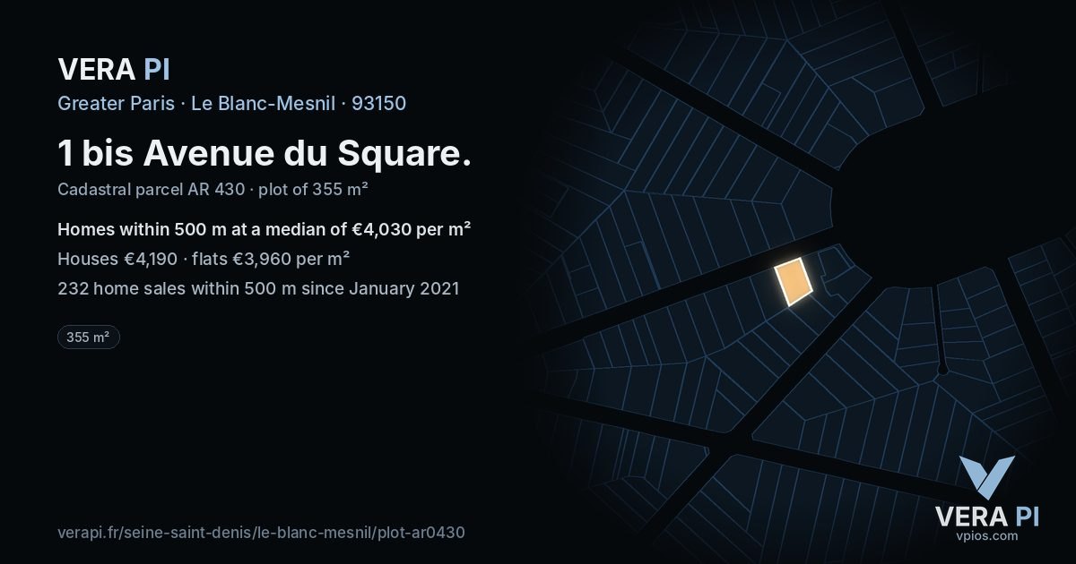 1 bis Avenue du Square, Le Blanc-Mesnil at night – the plot lit, the parcels around coloured by the prices near them