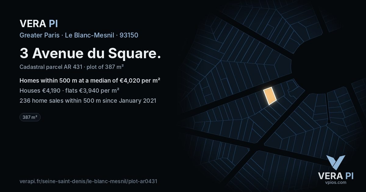 3 Avenue du Square, Le Blanc-Mesnil at night – the plot lit, the parcels around coloured by the prices near them