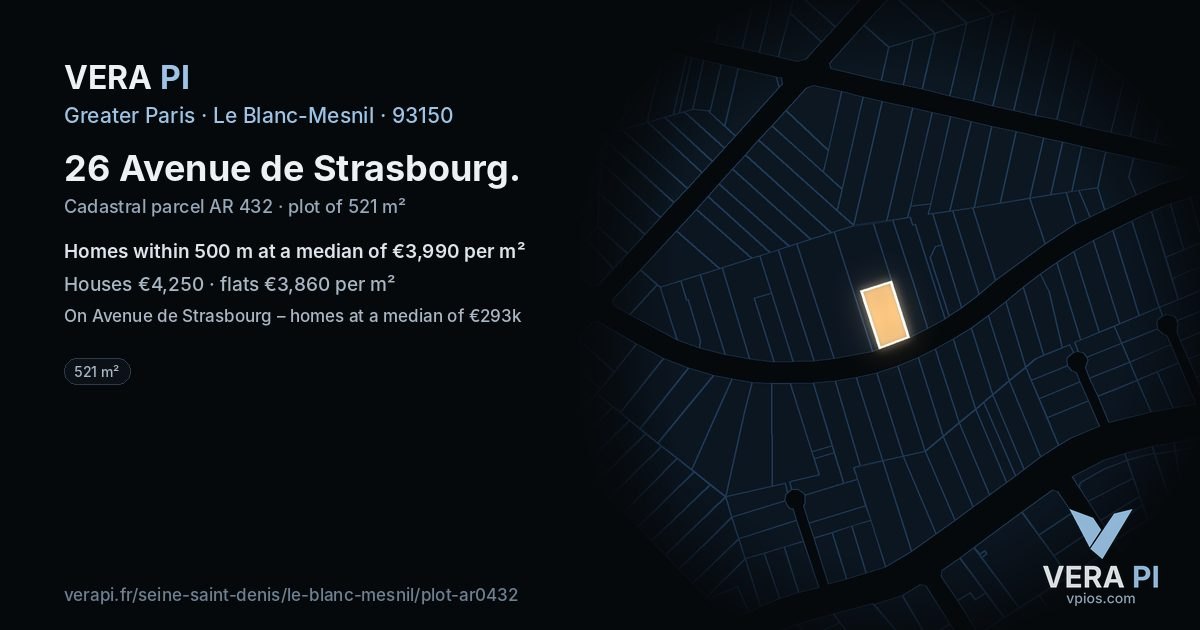 26 Avenue de Strasbourg, Le Blanc-Mesnil at night – the plot lit, the parcels around coloured by the prices near them