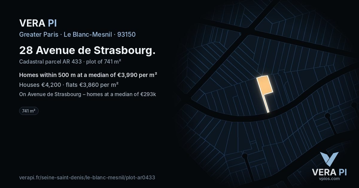 28 Avenue de Strasbourg, Le Blanc-Mesnil at night – the plot lit, the parcels around coloured by the prices near them