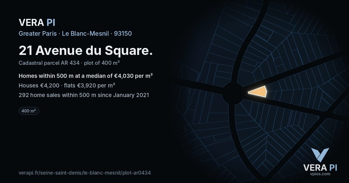 21 Avenue du Square, Le Blanc-Mesnil at night – the plot lit, the parcels around coloured by the prices near them