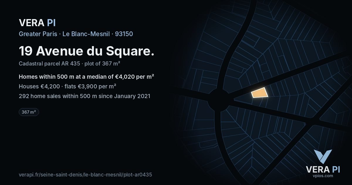 19 Avenue du Square, Le Blanc-Mesnil at night – the plot lit, the parcels around coloured by the prices near them