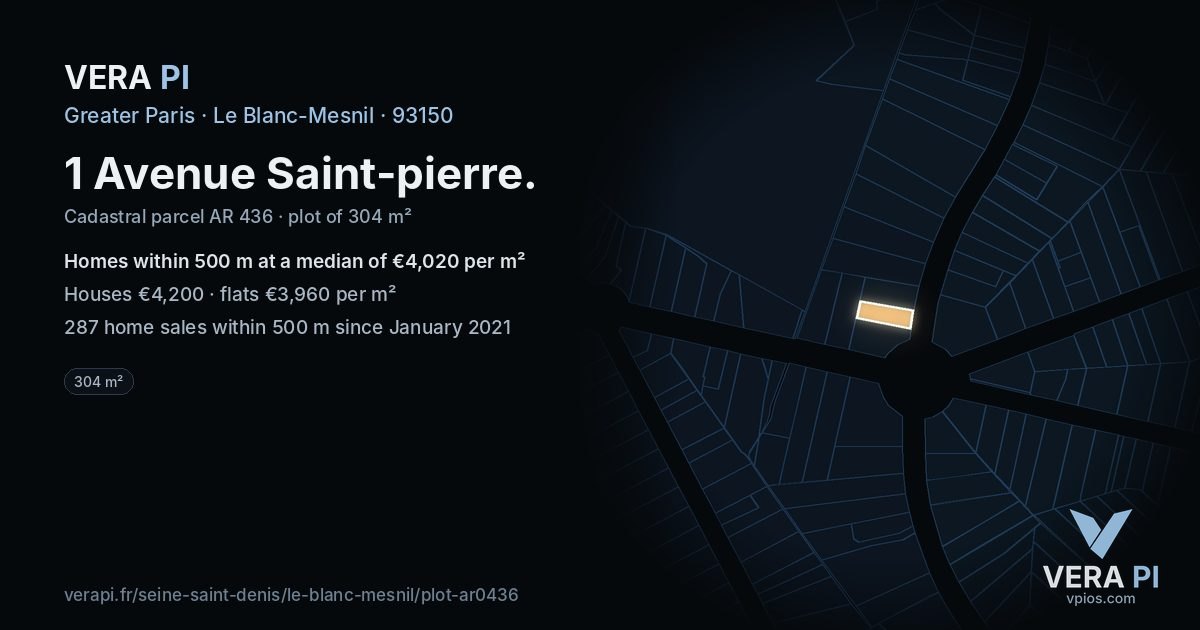 1 Avenue Saint-pierre, Le Blanc-Mesnil at night – the plot lit, the parcels around coloured by the prices near them