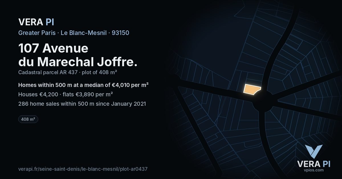 107 Avenue du Marechal Joffre, Le Blanc-Mesnil at night – the plot lit, the parcels around coloured by the prices near them