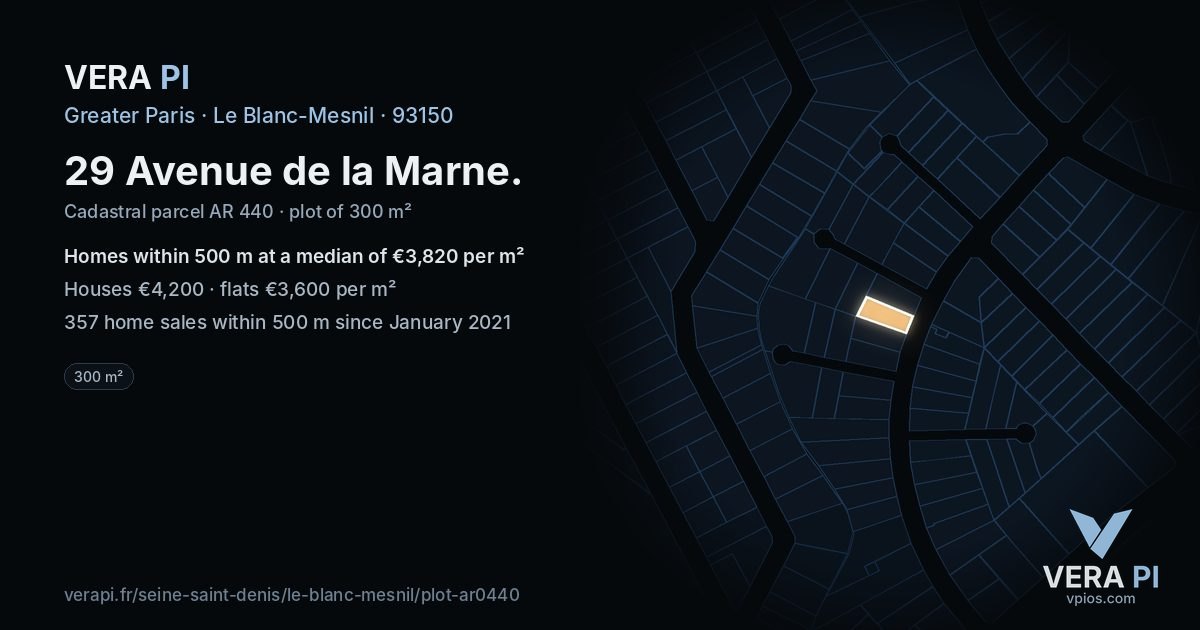 29 Avenue de la Marne, Le Blanc-Mesnil at night – the plot lit, the parcels around coloured by the prices near them