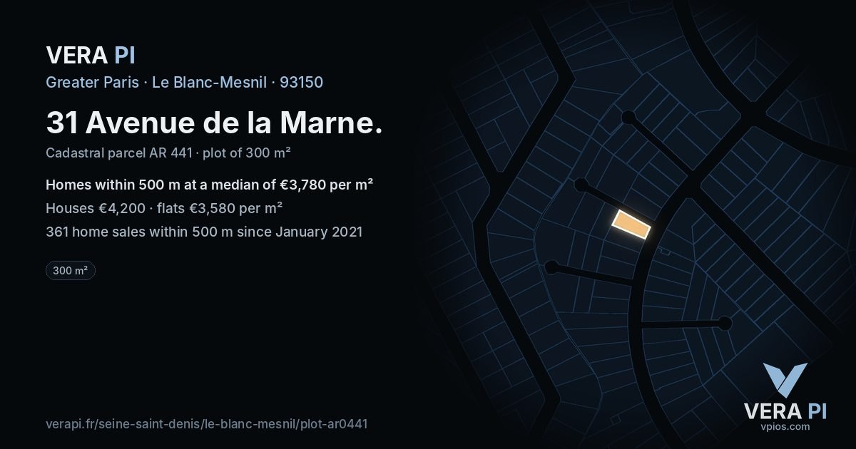 31 Avenue de la Marne, Le Blanc-Mesnil at night – the plot lit, the parcels around coloured by the prices near them