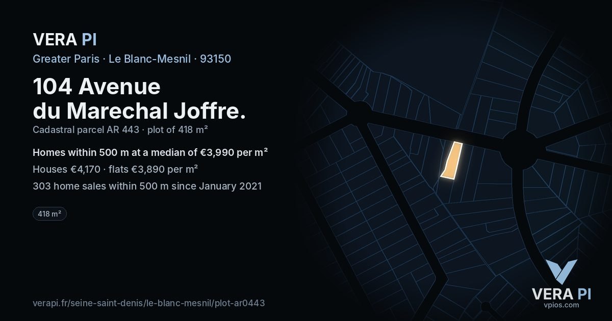 104 Avenue du Marechal Joffre, Le Blanc-Mesnil at night – the plot lit, the parcels around coloured by the prices near them