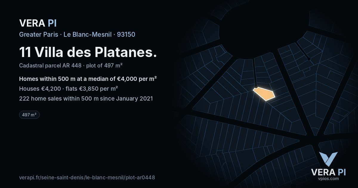 11 Villa des Platanes, Le Blanc-Mesnil at night – the plot lit, the parcels around coloured by the prices near them