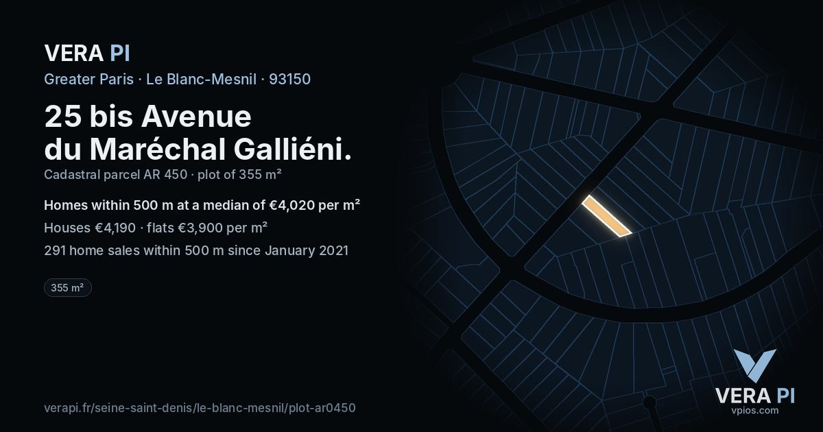 25 bis Avenue du Maréchal Galliéni, Le Blanc-Mesnil at night – the plot lit, the parcels around coloured by the prices near them